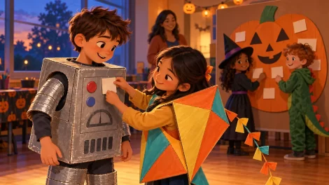 Niños con disfraces de robot, cometa y explorador comparten una fiesta de Halloween.