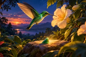 Un colibrí verde junto a una flor y una pequeña piedra de jade al anochecer.