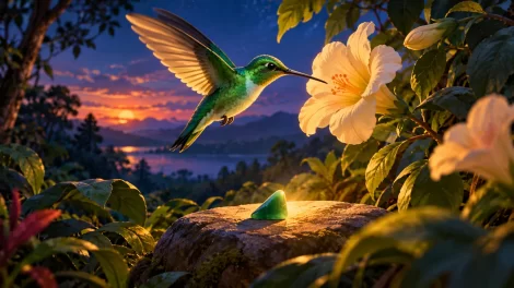 Un colibrí verde junto a una flor y una pequeña piedra de jade al anochecer.