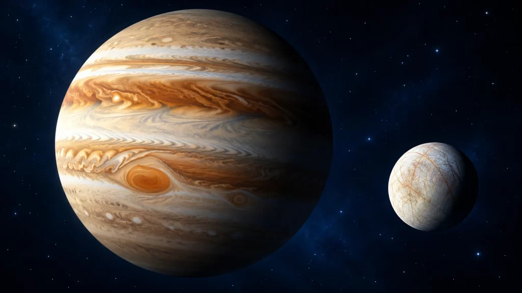 Júpiter para niños: nubes, tormentas y lunas de un gigante 1 Ilustración de Júpiter con sus bandas de nubes y una luna helada.