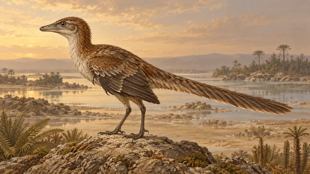 Archaeopteryx lithographica: plumas, dientes y pistas sobre el vuelo 1 Reconstrucción artística de Archaeopteryx con plumas y cola larga.