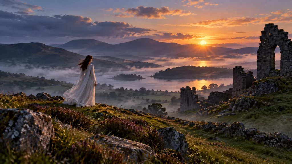 Figura de una mujer vestida de blanco junto a ruinas y un valle irlandés ficticio.