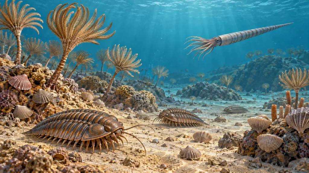 Interpretación de un fondo marino del Ordovícico con trilobites y cefalópodos de concha recta.