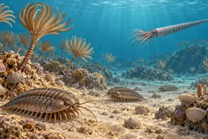Interpretación de un fondo marino del Ordovícico con trilobites y cefalópodos de concha recta.