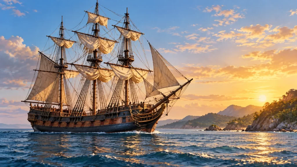 Barbanegra: qué sabemos del pirata y de su barco 1 Barco de vela de tres mástiles junto a una costa, al atardecer.