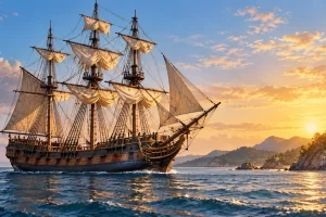 Barco de vela de tres mástiles junto a una costa, al atardecer.