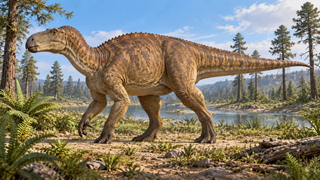 Iguanodon para niños: un gran herbívoro con un pulgar especial 1 Reconstrucción artística de un Iguanodon con cola elevada y pulgar puntiagudo.