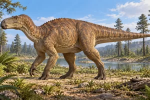 Reconstrucción artística de un Iguanodon con cola elevada y pulgar puntiagudo.