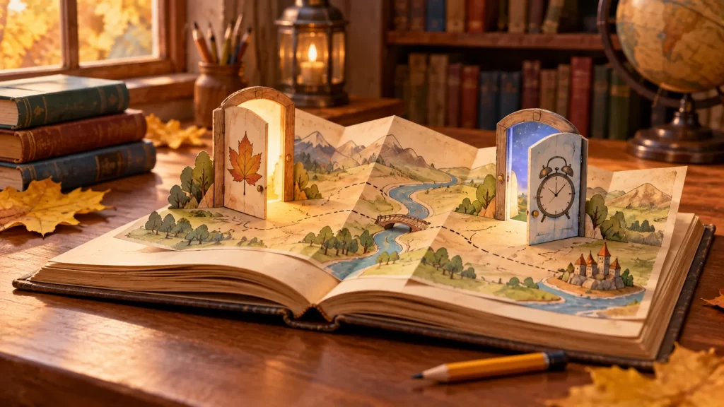 Un libro de fantasía con un mapa y dos puertas de papel, una con una hoja y otra con un reloj.