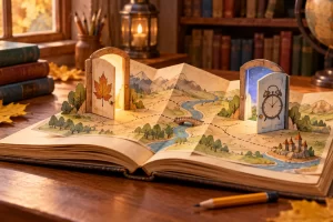 Un libro de fantasía con un mapa y dos puertas de papel, una con una hoja y otra con un reloj.