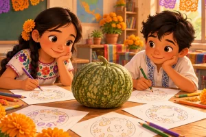 Ilustración de dos niños que dibujan calaveras en papel junto a un chilacayote verde y flores de cempasúchil.