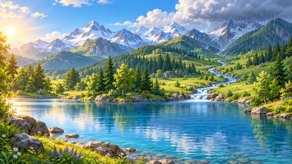 Paisaje con montañas, lluvia, un río y un lago para explorar el ciclo del agua.