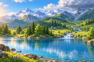 Paisaje con montañas, lluvia, un río y un lago para explorar el ciclo del agua.