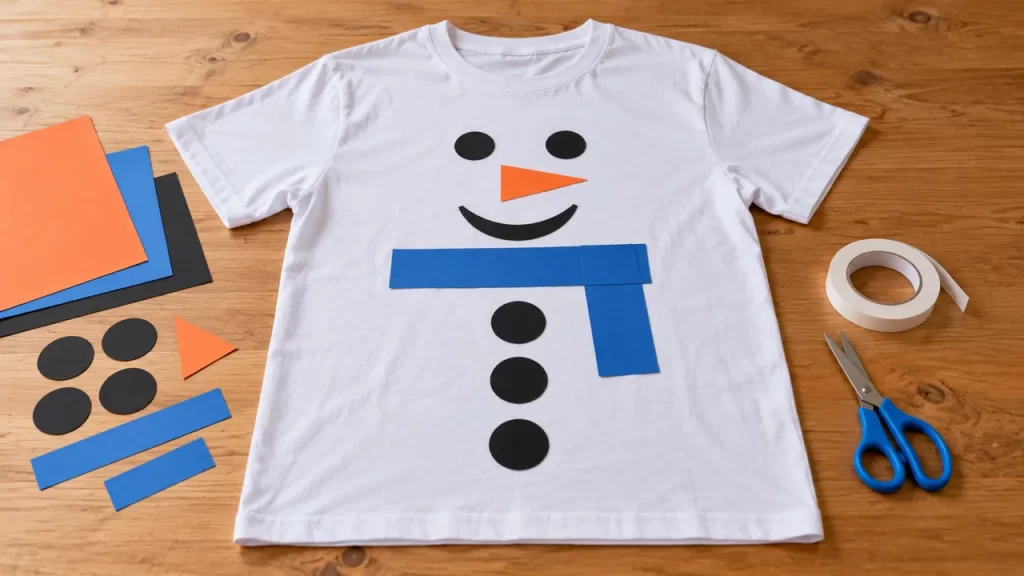 Camiseta blanca decorada con una cara de muñeco de nieve, bufanda plana y tres botones.