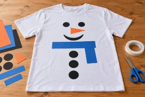 Camiseta blanca decorada con una cara de muñeco de nieve, bufanda plana y tres botones.