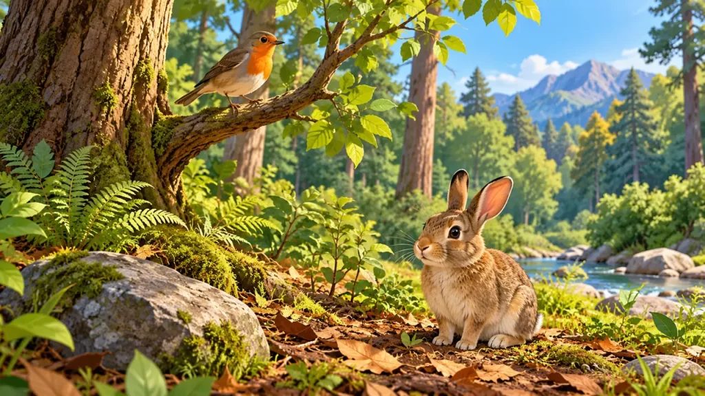 Ecosistemas terrestres para niños: ejemplos y cómo se relacionan sus seres vivos 1 Conejo, pájaro, plantas y rocas en un bosque.