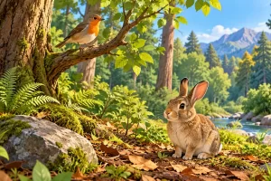 Conejo, pájaro, plantas y rocas en un bosque.