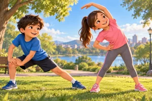 Dos niños realizan movimientos suaves al aire libre.