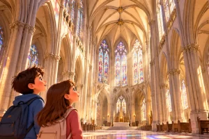 Niños observan arcos apuntados, bóvedas de crucería y vidrieras de inspiración gótica