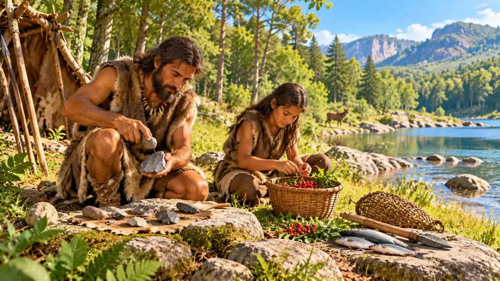 Personas de un campamento prehistórico preparan herramientas y alimentos junto a un río.