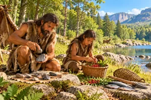 Personas de un campamento prehistórico preparan herramientas y alimentos junto a un río.