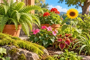 Jardín con helechos, musgo, girasol y otras plantas.
