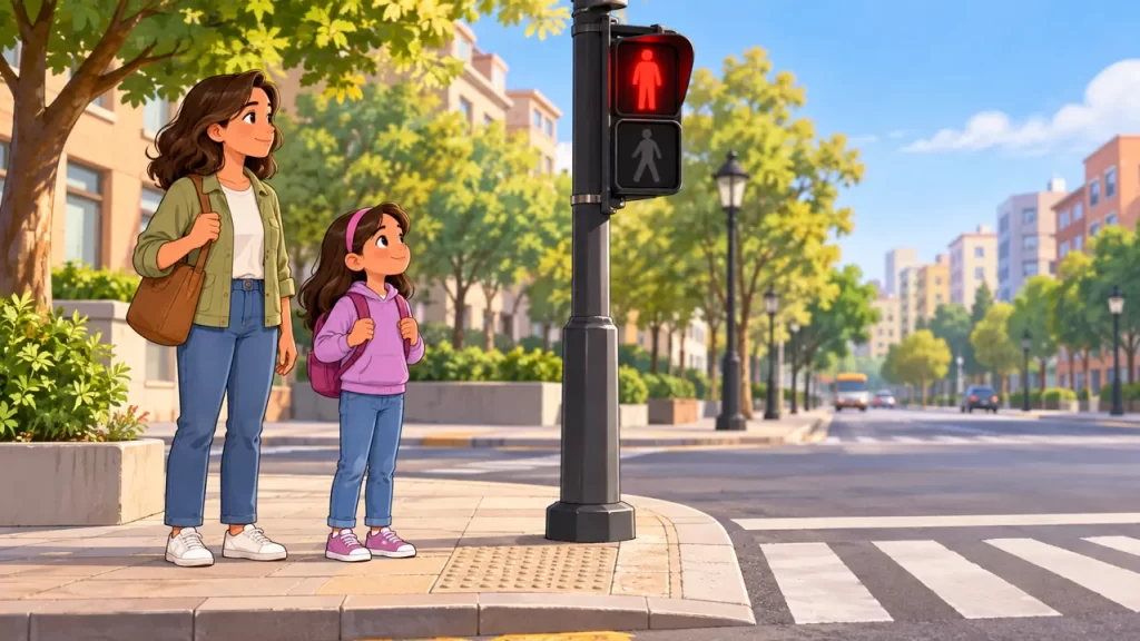 Una niña y una adulta esperan en la acera ante un semáforo peatonal rojo.