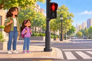 Una niña y una adulta esperan en la acera ante un semáforo peatonal rojo.