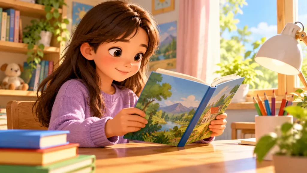 El sentido de la vista para niños: cómo vemos y qué partes ayudan 1 Niña lee un libro ilustrado junto a una ventana.