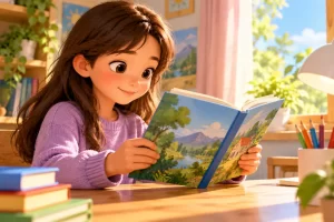 Niña lee un libro ilustrado junto a una ventana.