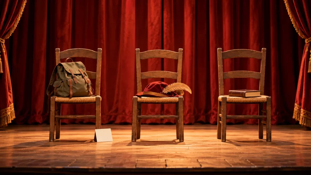 Qué es un entremés: una escena cómica para tres personajes 1 Tres sillas en un escenario: mochila a la izquierda, gorro en el centro y libro a la derecha.