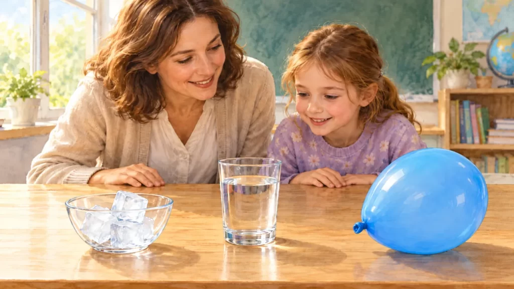 Estados de la materia: sólido, líquido y gas con ejemplos para niños 1 Una maestra y una niña observan un cuenco con hielo, un vaso con agua y un globo azul inflado.