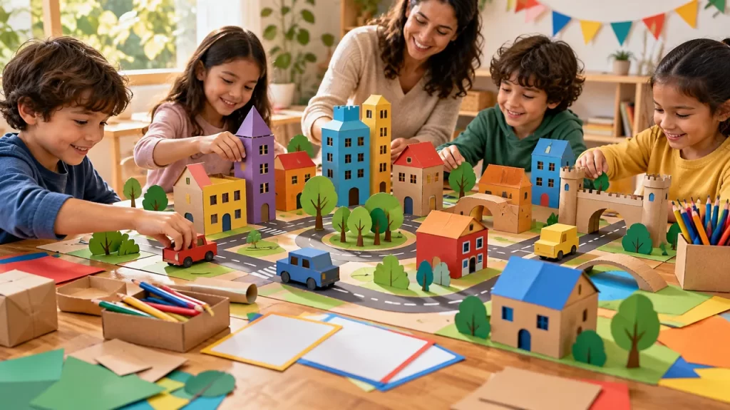 Niños y una persona adulta juegan con una ciudad de edificios y caminos hechos de cartón y papel.