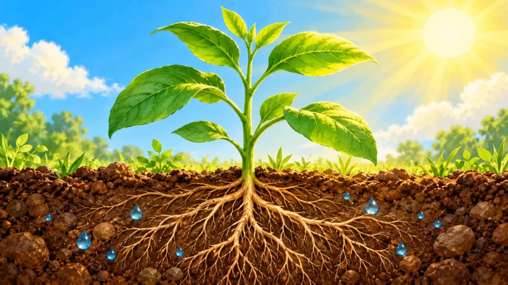 Una planta verde recibe luz solar y tiene raíces en un suelo con agua.