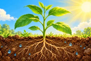 Una planta verde recibe luz solar y tiene raíces en un suelo con agua.