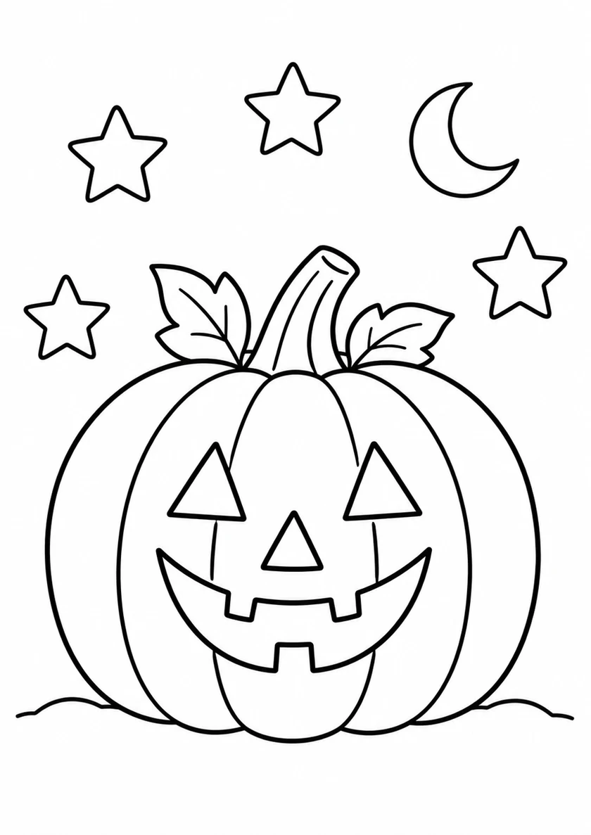 Calabaza sonriente con cuatro estrellas y una luna para colorear.