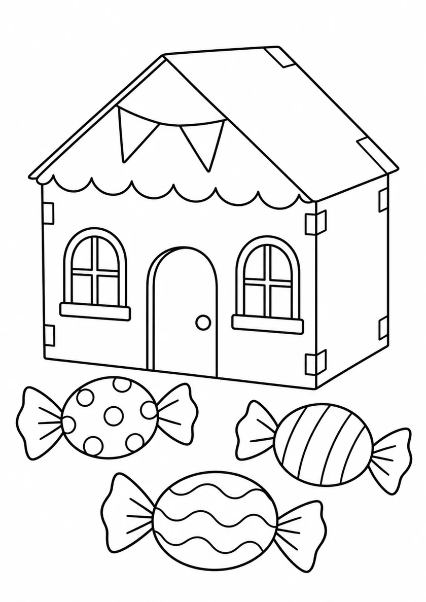 Casa con banderines y tres caramelos dibujados delante para colorear.