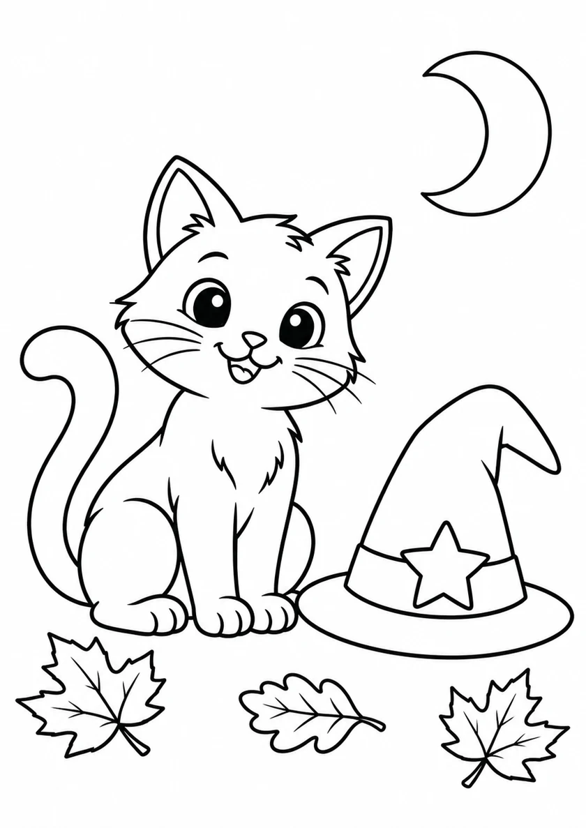 Gato sentado junto a un sombrero de bruja, una luna y tres hojas.