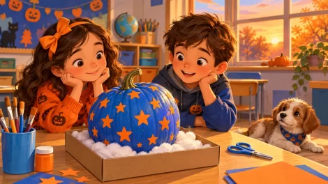 Dos niños observan una calabaza azul con estrellas naranjas apoyada sobre algodón en una caja.