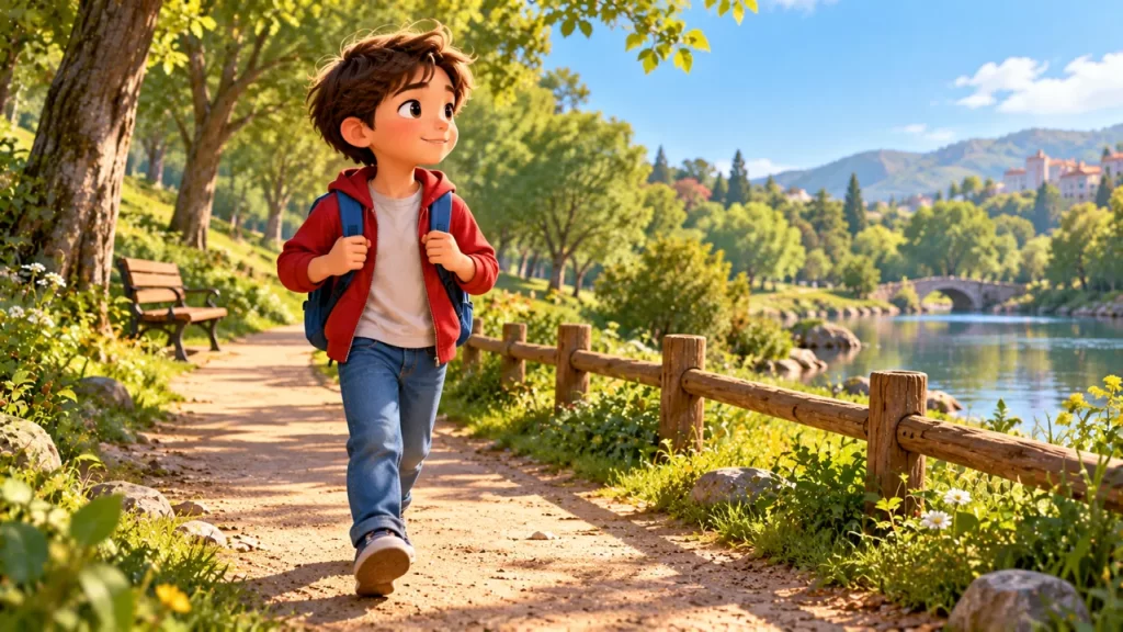 Un niño camina junto a un lago en un parque