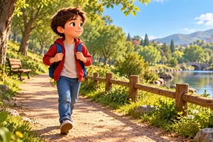 Un niño camina junto a un lago en un parque