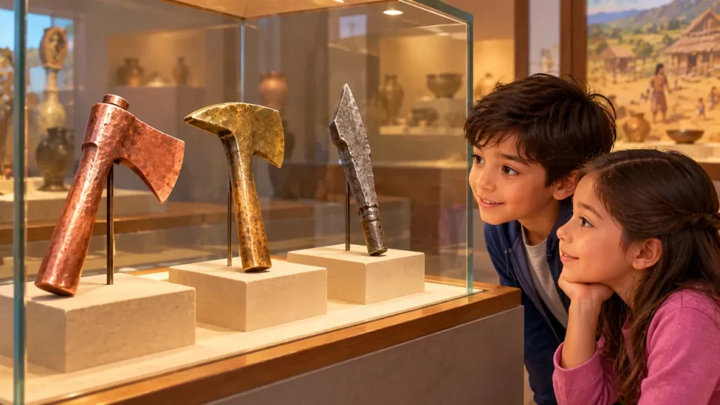 La Edad de los Metales para niños: cobre, bronce y hierro 1 Dos escolares observan herramientas de metal en una vitrina ilustrada.