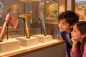 Dos escolares observan herramientas de metal en una vitrina ilustrada.