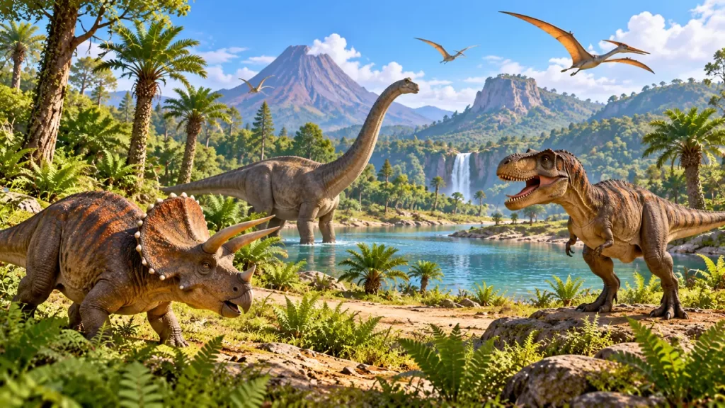 La era Mesozoica para niños: Triásico, Jurásico y Cretácico 1 Ilustración de dinosaurios y reptiles voladores del Mesozoico.