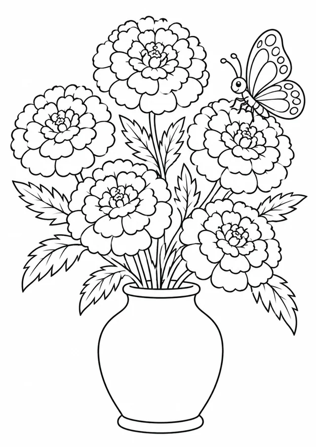 Ramo de flores de cempasúchil y mariposa para colorear.