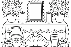 Ofrenda con flores, pan, agua y papel picado para colorear.