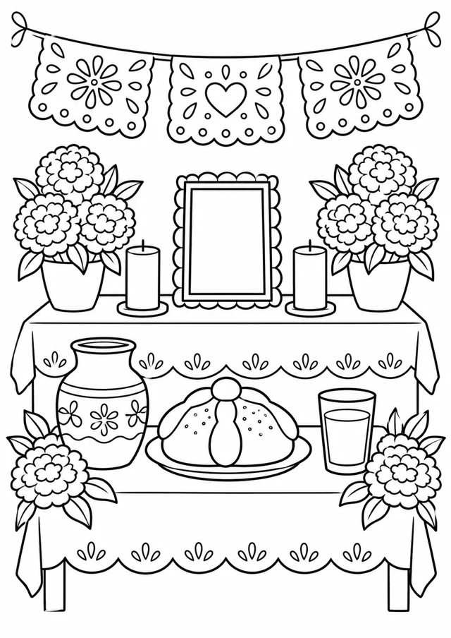 Ofrenda con flores, pan, agua y papel picado para colorear.
