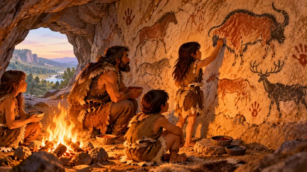 Personas de una escena prehistórica imaginaria realizan pinturas sobre roca