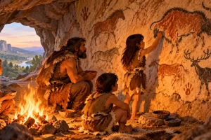 Personas de una escena prehistórica imaginaria realizan pinturas sobre roca