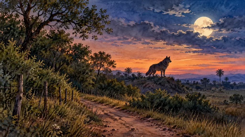 Un cánido oscuro aparece sobre una loma junto a un camino rural al anochecer.